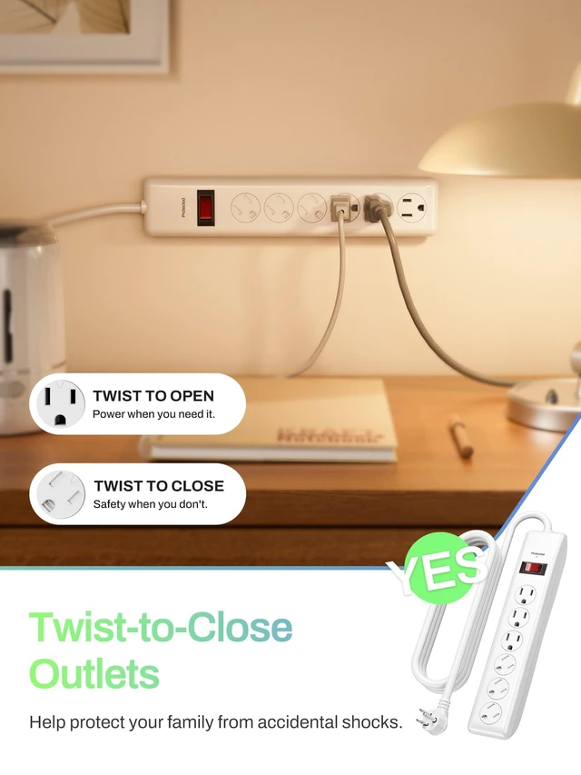 Alt view image 2 of 7 - 10FT 6 Outlet Power Strip Surge Protector, 600 Joules, Twist-to-Close Safety Covers, 90 Degree Flat Plug, Overload Protection, Long Extension Cord Power Strip for Home Office, TV and Bedroom