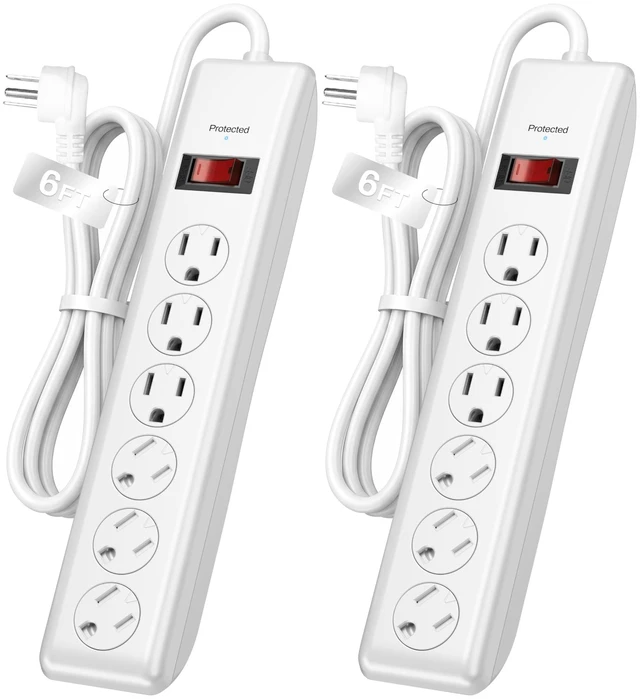 Main image of 6FT 6 Outlet Power Strip Surge Protector 2 Pack, 600 Joules, Twist-to-Close Safety Covers, 90 Degree Flat Plug, Overload Protection, Wall Mount Power Strip for Home Office and Bedroom
