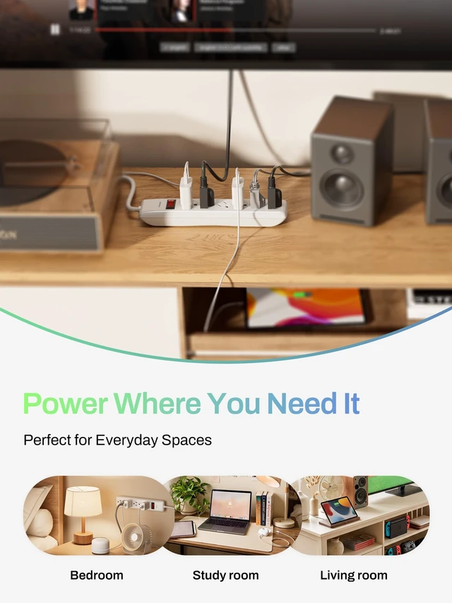 Alt view image 6 of 7 - 10FT 6 Outlet Power Strip Surge Protector, 600 Joules, Twist-to-Close Safety Covers, 90 Degree Flat Plug, Overload Protection, Long Extension Cord Power Strip for Home Office, TV and Bedroom