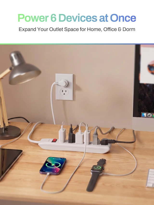 Alt view image 5 of 7 - 10FT 6 Outlet Power Strip Surge Protector, 600 Joules, Twist-to-Close Safety Covers, 90 Degree Flat Plug, Overload Protection, Long Extension Cord Power Strip for Home Office, TV and Bedroom
