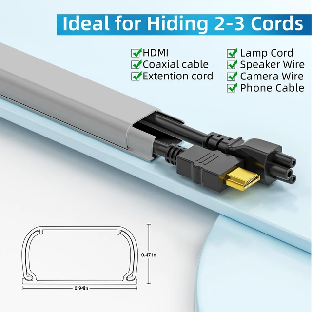 Alt view image 2 of 6 - 142in Wall Cord Hider for 2-3 Cords, W0.94in H0.47in, Grey Medium Cord Covers for Wires on wall, On-Wall Cord Cover Cable Concealer