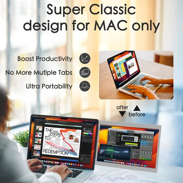 Alt view image 4 of 7 - 12'' Laptop Screen Extender for 13.6'' MacBook Air M2/M3/M4/M5 Dual Screen Extender Monitor USB-C/HDMI Plug-Play for Windows, Mac, PS5,Portable Monitor for Laptop