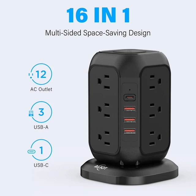 Alt view image 2 of 6 - Power Strip Tower with USB Ports- Surge Protector with 12 AC Outlet and 4 USB Ports, 10 Ft Extension Cord with Multiple Outlets, Charging Station with Overload Protection, for Home Office Dorm