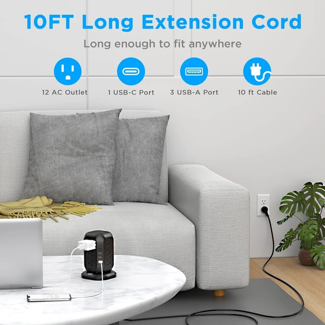 Alt view image 3 of 6 - Power Strip Tower with USB Ports- Surge Protector with 12 AC Outlet and 4 USB Ports, 10 Ft Extension Cord with Multiple Outlets, Charging Station with Overload Protection, for Home Office Dorm