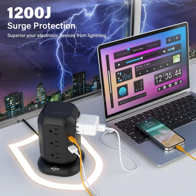 Alt view image 4 of 6 - Power Strip Tower with USB Ports- Surge Protector with 12 AC Outlet and 4 USB Ports, 10 Ft Extension Cord with Multiple Outlets, Charging Station with Overload Protection, for Home Office Dorm