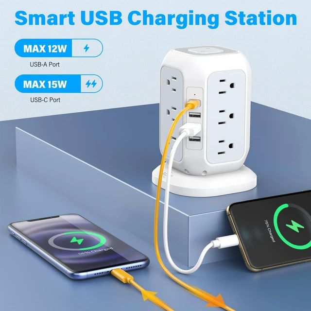 Alt view image 3 of 6 - USB C Power Strip Tower Surge Protector 12 AC Outlets, 4 USB Ports (1 USB C), 10 Feet Extension Cord, USB Charging Station, For Home Office Dorm
