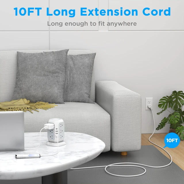 Alt view image 2 of 6 - USB C Power Strip Tower Surge Protector 12 AC Outlets, 4 USB Ports (1 USB C), 10 Feet Extension Cord, USB Charging Station, For Home Office Dorm