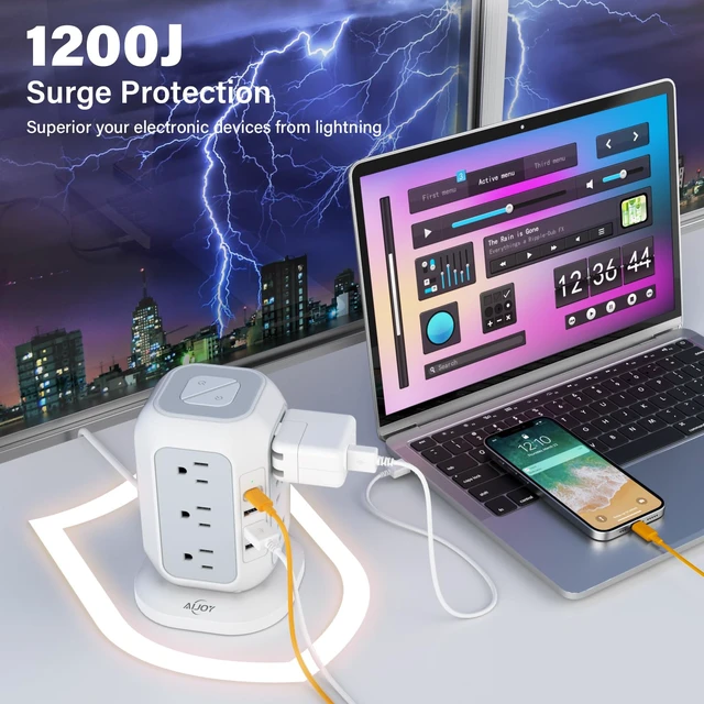 Alt view image 4 of 6 - USB C Power Strip Tower Surge Protector 12 AC Outlets, 4 USB Ports (1 USB C), 10 Feet Extension Cord, USB Charging Station, For Home Office Dorm