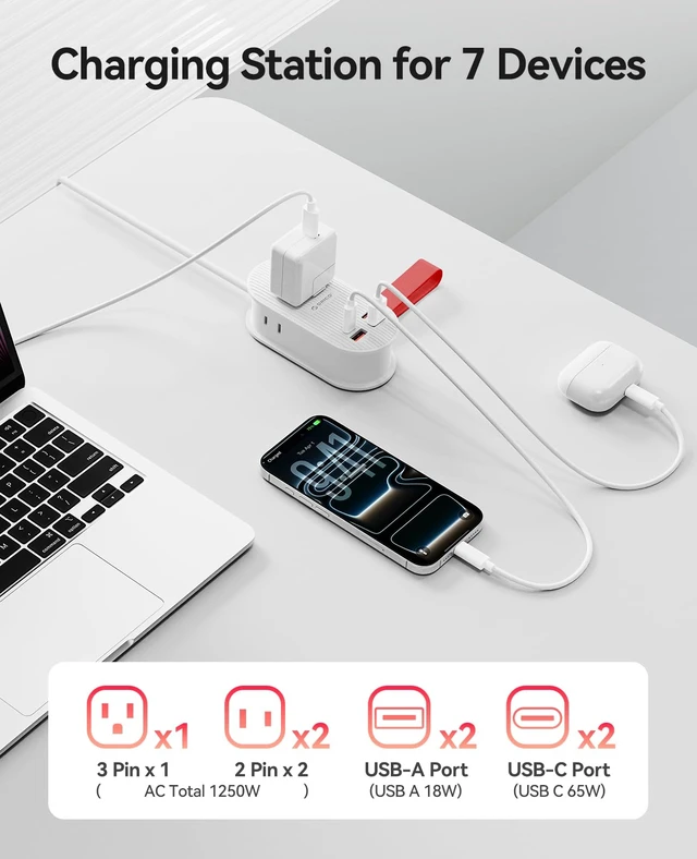 Alt view image 3 of 7 - 65W GaN Travel Power Strip, 7 in 1 Charging Station(3AC, 4 USB Ports) Flat Plug and 4ft Extension Cord, Fast Charger for MacBook, iPad, iPhone 17/16/15 - TK65