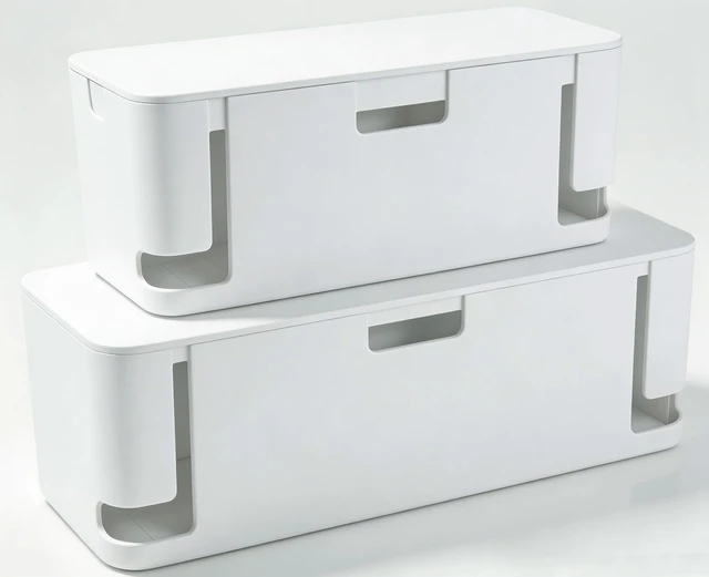 Main image of 2 Pack Cable Management Box, Medium & XL, Power Strip Organizer White Hidden Rear Cable Routing, Durable ABS Construction, Fits Power Strips Up to 13.4", Ideal for Desks, TV Areas & Floor Corners