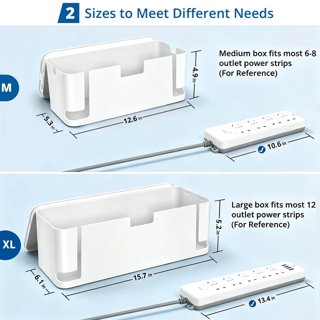 Alt view image 2 of 7 - 2 Pack Cable Management Box, Medium & XL, Power Strip Organizer White Hidden Rear Cable Routing, Durable ABS Construction, Fits Power Strips Up to 13.4", Ideal for Desks, TV Areas & Floor Corners