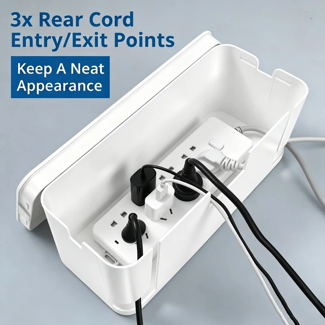 Alt view image 3 of 7 - 2 Pack Cable Management Box, Medium & XL, Power Strip Organizer White Hidden Rear Cable Routing, Durable ABS Construction, Fits Power Strips Up to 13.4", Ideal for Desks, TV Areas & Floor Corners