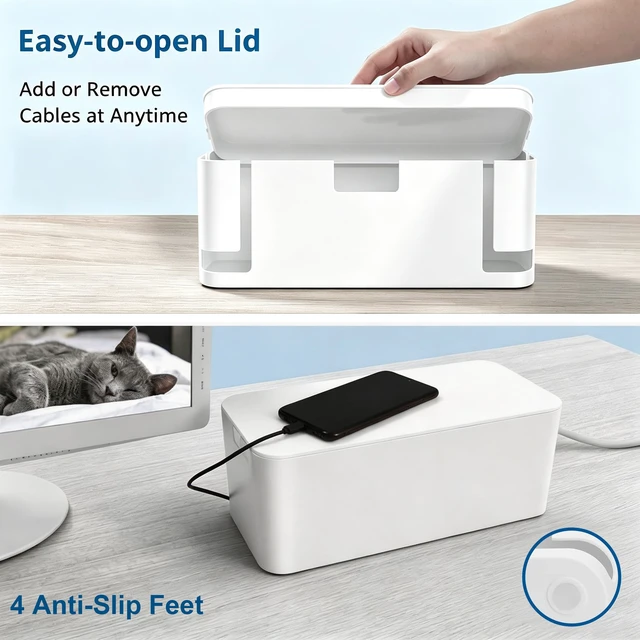 Alt view image 6 of 7 - 2 Pack Cable Management Box, Medium & XL, Power Strip Organizer White Hidden Rear Cable Routing, Durable ABS Construction, Fits Power Strips Up to 13.4", Ideal for Desks, TV Areas & Floor Corners