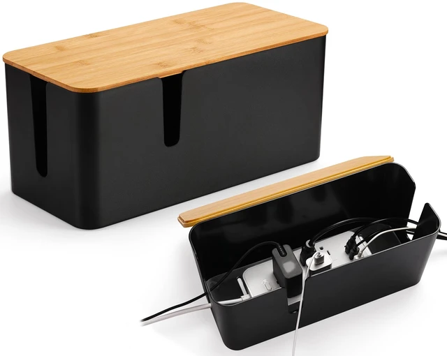 Main image of 2 Pack Cable Management Box, Large & XL, Power Strip Organizer, Black Extra-Tall Design for Oversized Adapters, Fits Power Strips Up to 13.4" Long, Natural Bamboo Lid, Ideal for Desks, TV Areas