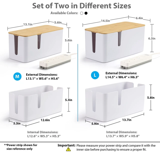 Alt view image 4 of 7 - 2 Pack Cable Management Box, Large & XL, Power Strip Organizer, Black Extra-Tall Design for Oversized Adapters, Fits Power Strips Up to 13.4" Long, Natural Bamboo Lid, Ideal for Desks, TV Areas