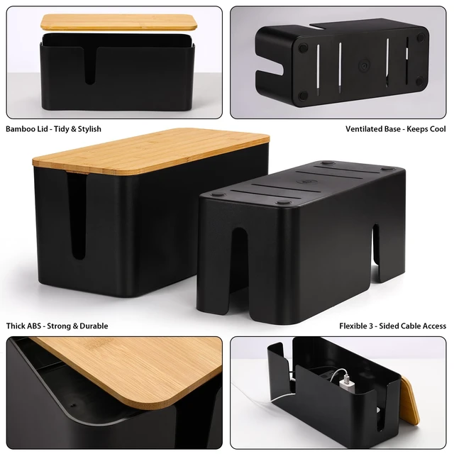 Alt view image 3 of 7 - 2 Pack Cable Management Box, Large & XL, Power Strip Organizer, Black Extra-Tall Design for Oversized Adapters, Fits Power Strips Up to 13.4" Long, Natural Bamboo Lid, Ideal for Desks, TV Areas