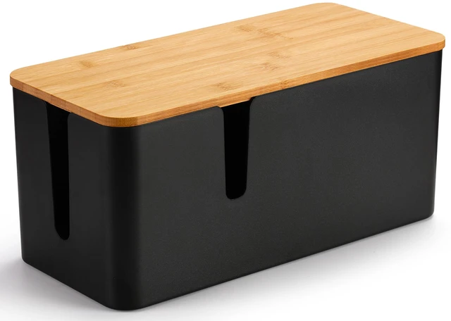 Alt view image 7 of 7 - 2 Pack Cable Management Box, Large & XL, Power Strip Organizer, Black Extra-Tall Design for Oversized Adapters, Fits Power Strips Up to 13.4" Long, Natural Bamboo Lid, Ideal for Desks, TV Areas