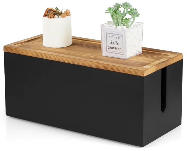 Main image of Cable Management Box Medium, Wooden Cord Organizer Box for Desk, Floor, Office to Hide Extension Cords Power Stripes Surge Protectors Chargers Wires, Black