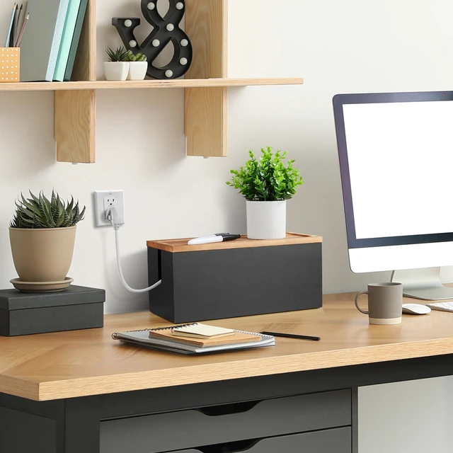 Alt view image 5 of 7 - Cable Management Box Medium, Wooden Cord Organizer Box for Desk, Floor, Office to Hide Extension Cords Power Stripes Surge Protectors Chargers Wires, Black