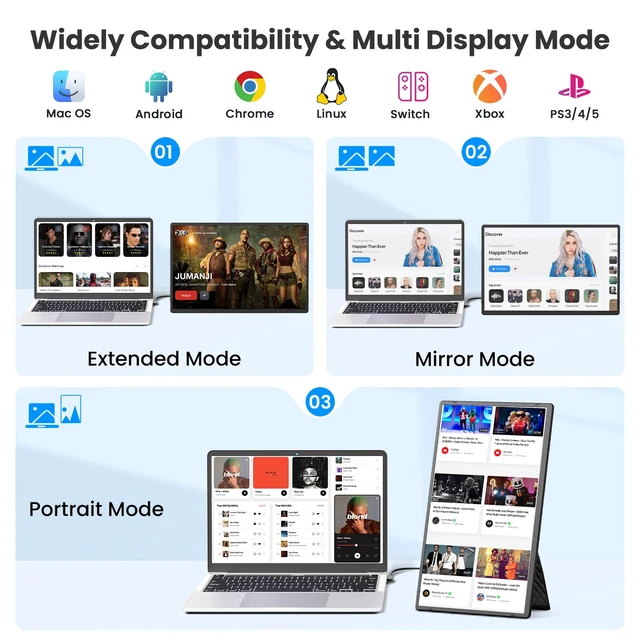 Alt view image 6 of 7 - 16" Portable Monitor, 1200P FHD Ultra Slim Laptop Screen Extender 360° Rotating Detachable Stand, Plug & Play, Travel Dual Monitor for Laptop/Wins/MacOS/Phone/Home Office