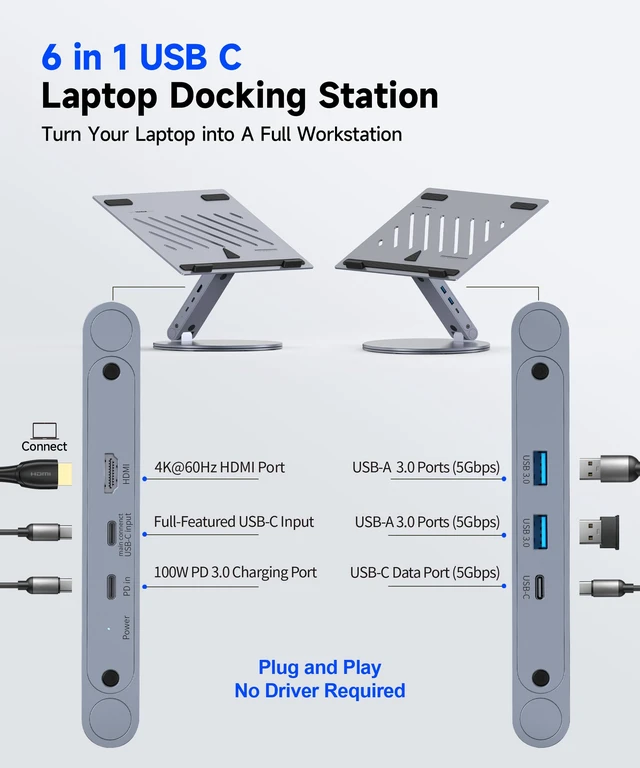 Alt view image 2 of 7 - Laptop Stand for Desk, 360° Rotating & Height Adjustable Ergonomic Computer Riser with Aluminum Cooling Vents for 10-16 inch MacBook, Dell, Lenovo (Grey, USB-C Docking Station)