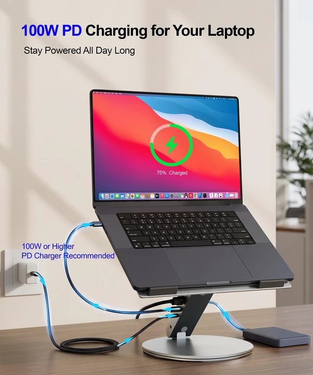 Alt view image 5 of 7 - Laptop Stand for Desk, 360° Rotating & Height Adjustable Ergonomic Computer Riser with Aluminum Cooling Vents for 10-16 inch MacBook, Dell, Lenovo (Grey, USB-C Docking Station)
