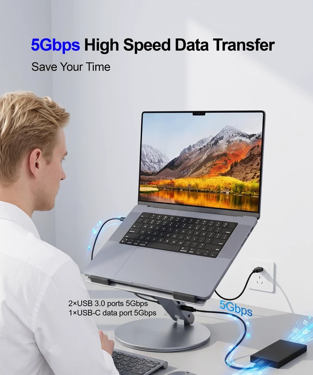 Alt view image 4 of 7 - Laptop Stand for Desk, 360° Rotating & Height Adjustable Ergonomic Computer Riser with Aluminum Cooling Vents for 10-16 inch MacBook, Dell, Lenovo (Grey, USB-C Docking Station)