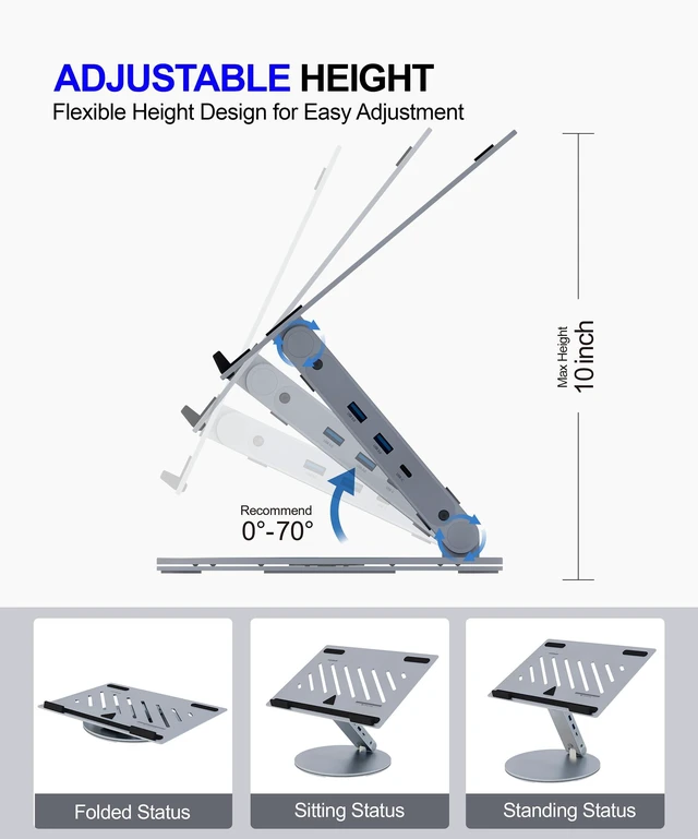 Alt view image 7 of 7 - Laptop Stand for Desk, 360° Rotating & Height Adjustable Ergonomic Computer Riser with Aluminum Cooling Vents for 10-16 inch MacBook, Dell, Lenovo (Grey, USB-C Docking Station)