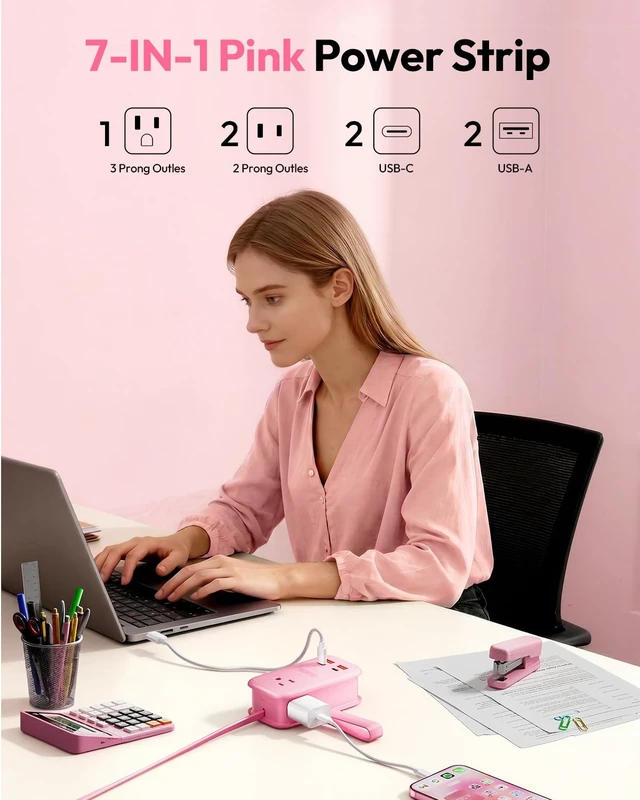 Alt view image 2 of 7 - GAN Ultra 65W Pink Fast Charging Station, Travel Power Strip with 3 Outlets 4 USB (2 USB C), Pink Extension Cord 4Ft, Kawaii Cute Accessories Compatible with MacBook, iPhone