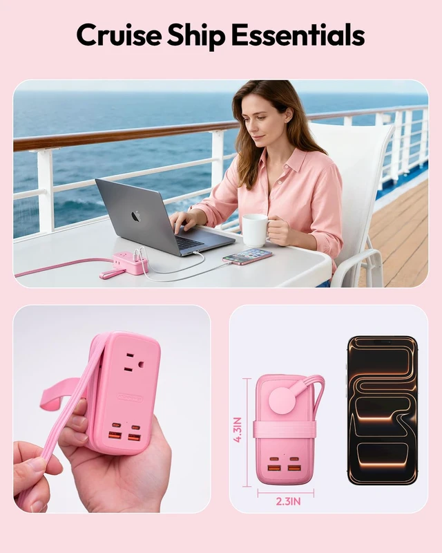 Alt view image 4 of 7 - GAN Ultra 65W Pink Fast Charging Station, Travel Power Strip with 3 Outlets 4 USB (2 USB C), Pink Extension Cord 4Ft, Kawaii Cute Accessories Compatible with MacBook, iPhone