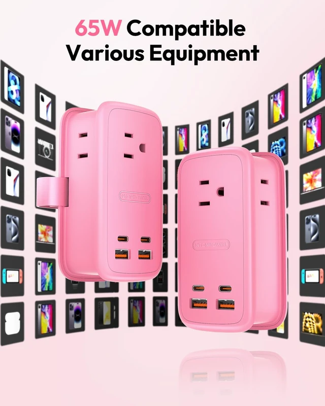 Alt view image 7 of 7 - GAN Ultra 65W Pink Fast Charging Station, Travel Power Strip with 3 Outlets 4 USB (2 USB C), Pink Extension Cord 4Ft, Kawaii Cute Accessories Compatible with MacBook, iPhone