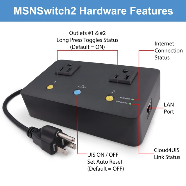 Alt view image 5 of 7 - MSNSwitch2 Internet Enabled IP Remote Power Switch w/Auto Reboot, Schedule Automatically Restart Devices on Internet Loss - Control via iOS, Android, Cloud, Web & API - 2 Outlets - Model UIS722t