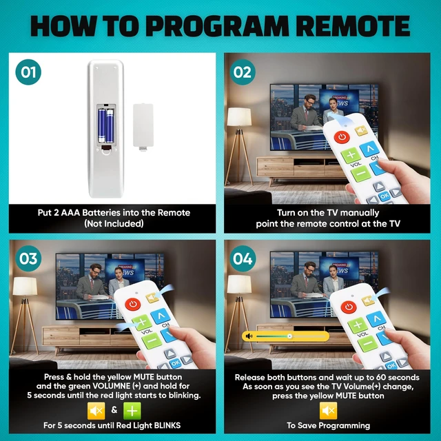 Alt view image 5 of 7 - Big Button Universal TV Remote, Easy to Use for All Ages (White) Great for Seniors, Works with Major TV Brands (2xAAA Batteries Not Included)