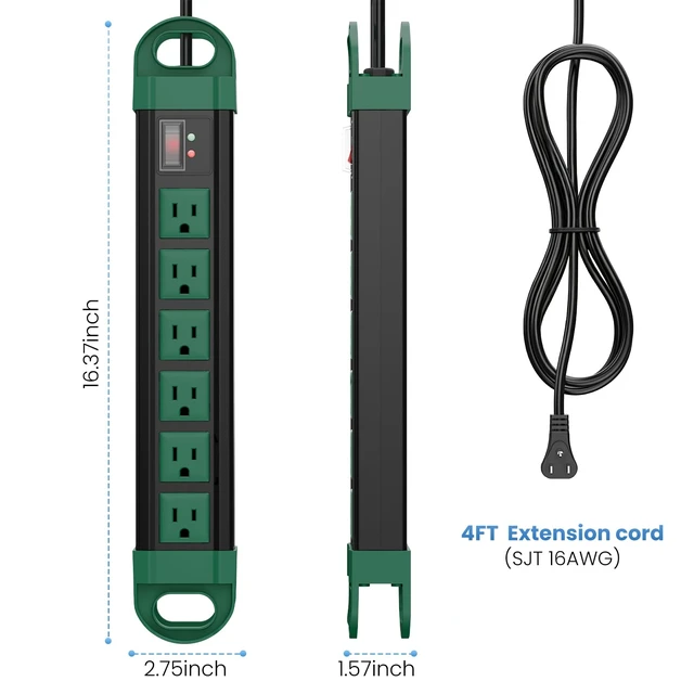 Alt view image 2 of 7 - Outdoor Power Strip Weatherproof, 2700J Surge Protector, Green 4Ft IPX6 Waterproof 6 Plug Extender Port, Exterior Long Extension Cord with Multiple Outlets for Garden, Christmas Decor