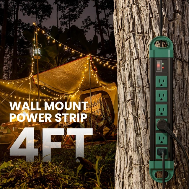 Alt view image 6 of 7 - Outdoor Power Strip Weatherproof, 2700J Surge Protector, Green 4Ft IPX6 Waterproof 6 Plug Extender Port, Exterior Long Extension Cord with Multiple Outlets for Garden, Christmas Decor