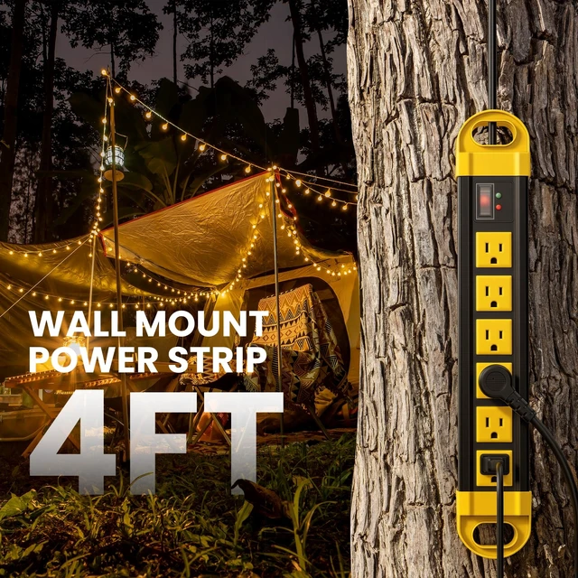 Alt view image 6 of 7 - Outdoor Power Strip Weatherproof, 2700J Surge Protector, Yellow 4Ft IPX6 Waterproof 6 Plug Extender Port, Exterior Long Extension Cord with Multiple Outlets for Garden, Christmas Decor