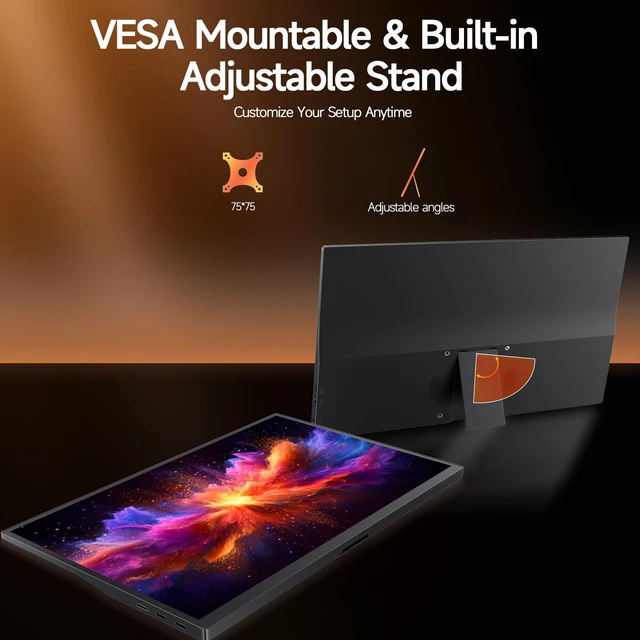 Alt view image 4 of 7 - 15.6" Portable Monitor 1080P FHD IPS, 250 Nits Brightness, Adjustable Kickstand with VESA Mount, USB-C HDMI, Dual Speakers, Ultra-Slim Travel Laptop Second Screen for Phone PC PS5