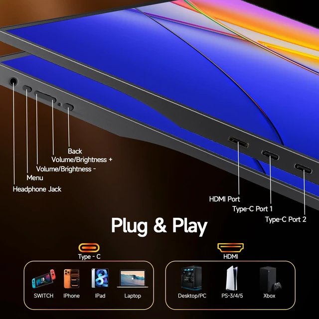 Alt view image 7 of 7 - 15.6" Portable Monitor 1080P FHD IPS, 250 Nits Brightness, Adjustable Kickstand with VESA Mount, USB-C HDMI, Dual Speakers, Ultra-Slim Travel Laptop Second Screen for Phone PC PS5
