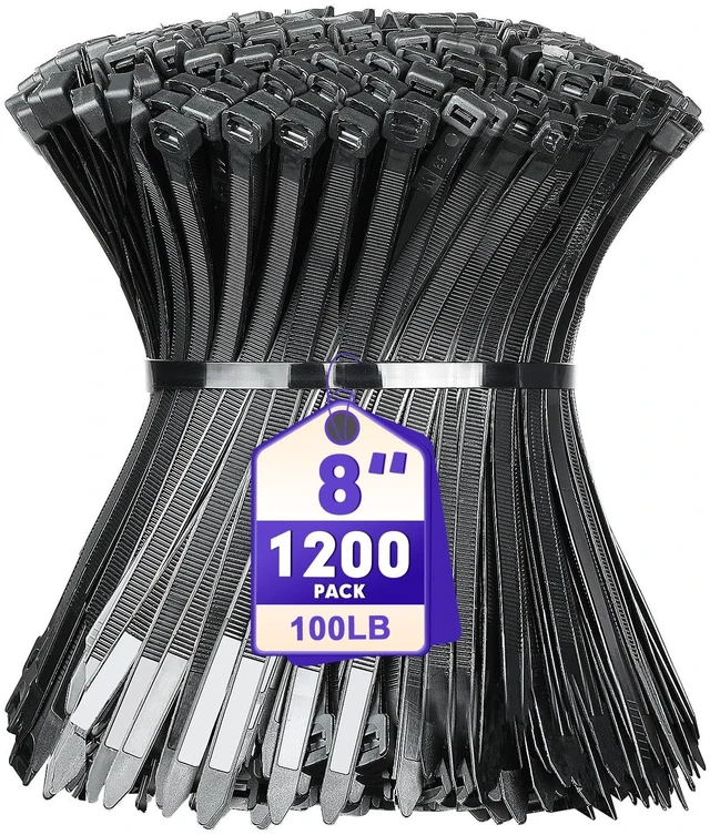 Main image of Zip Ties, 1200pcs Black Cable Zip Ties 8 Inch, Heavy Duty Plastic Wire Ties with 100lb Tensile Strength, Self-Locking Black Nylon Tie Wraps for Indoor and Outdoor