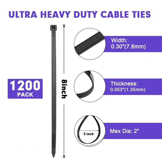Alt view image 2 of 7 - Zip Ties, 1200pcs Black Cable Zip Ties 8 Inch, Heavy Duty Plastic Wire Ties with 100lb Tensile Strength, Self-Locking Black Nylon Tie Wraps for Indoor and Outdoor