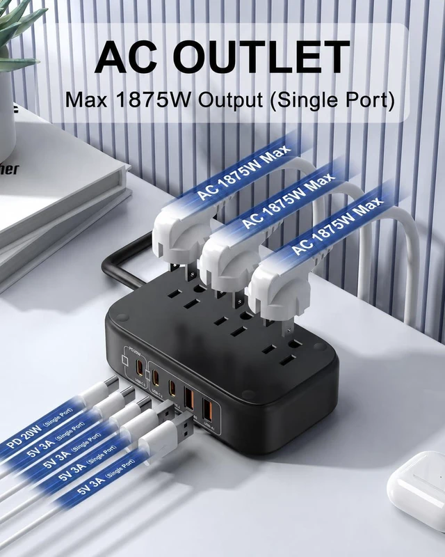 Alt view image 2 of 7 - 8-in-1 Travel Power Strip, 3 AC Outlets, 3 USB-C & 2 USB-A, 20W PD 5 FT Flat Plug Extension Cord with Multiple Outlets, 1875W Max Charging Station for Home, Office, Dorm & Travel