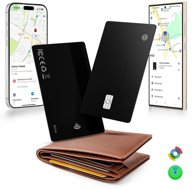 Main image of eirix 2 Pack Wallet Tracker Card (iOS and Android) Ultra Slim 0.07in IP68 Waterproof Rechargeable Work with Apple Find My & Google Find Hub, Item Locator for Card Holder,Passports,Money Clips