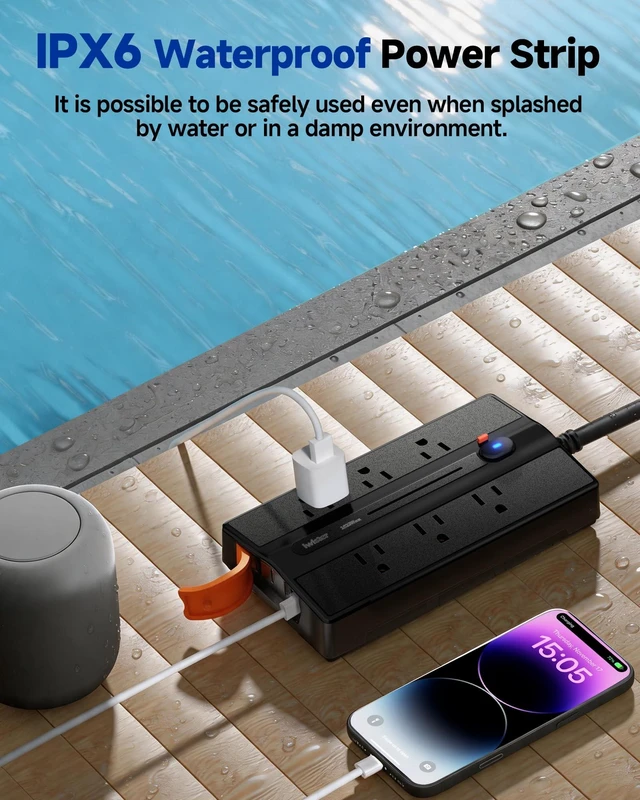 Alt view image 2 of 7 - Outdoor Power Strip Weatherproof, 6 Outlet 4 USB 15FT Extension Cord Wide Spaced Outlets for Bulky Plugs, IPX6 Waterproof, 1625W/13A, 2 USB C & 2 USB A, Wall Mount for Patio,Home, UL Listed