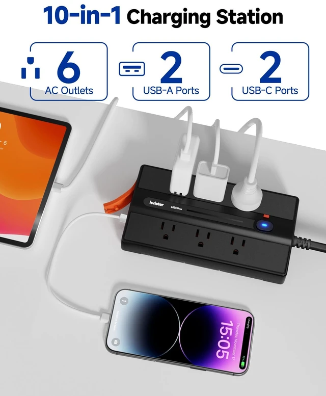 Alt view image 3 of 7 - Outdoor Power Strip Weatherproof, 6 Outlet 4 USB 15FT Extension Cord Wide Spaced Outlets for Bulky Plugs, IPX6 Waterproof, 1625W/13A, 2 USB C & 2 USB A, Wall Mount for Patio,Home, UL Listed