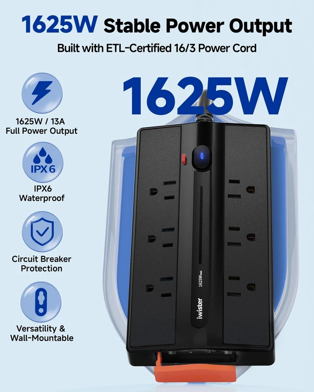 Alt view image 4 of 7 - Outdoor Power Strip Weatherproof, 6 Outlet 4 USB 15FT Extension Cord Wide Spaced Outlets for Bulky Plugs, IPX6 Waterproof, 1625W/13A, 2 USB C & 2 USB A, Wall Mount for Patio,Home, UL Listed