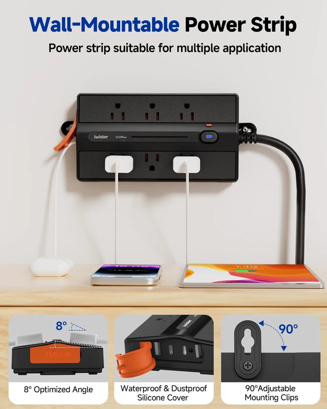 Alt view image 7 of 7 - Outdoor Power Strip Weatherproof, 6 Outlet 4 USB 15FT Extension Cord Wide Spaced Outlets for Bulky Plugs, IPX6 Waterproof, 1625W/13A, 2 USB C & 2 USB A, Wall Mount for Patio,Home, UL Listed