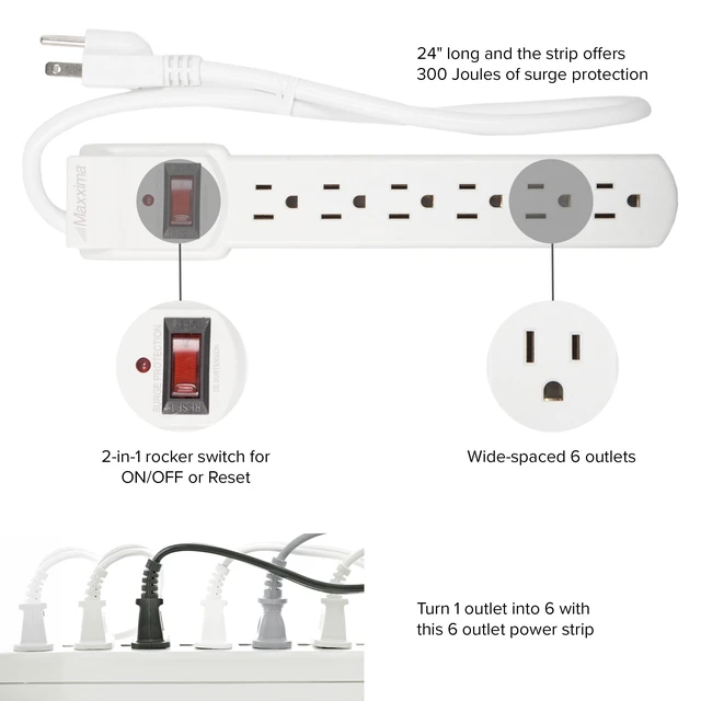 Alt view image 4 of 6 - 6 Outlet Power Strip Surge Protector, White, 300 Joules, 4 Pack Red On/Off Switch, Powers Multiple Electronics Simultaneously, Perfect for Home Appliances
