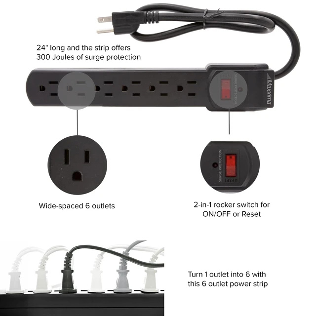Alt view image 4 of 7 - 4-Pack 6 Outlet Power Strip Surge Protector - 300 Joules, Features Red On/Off Switch, Powers Multiple Electronics and Devices Simultaneously, Perfect for Home Appliances - Black