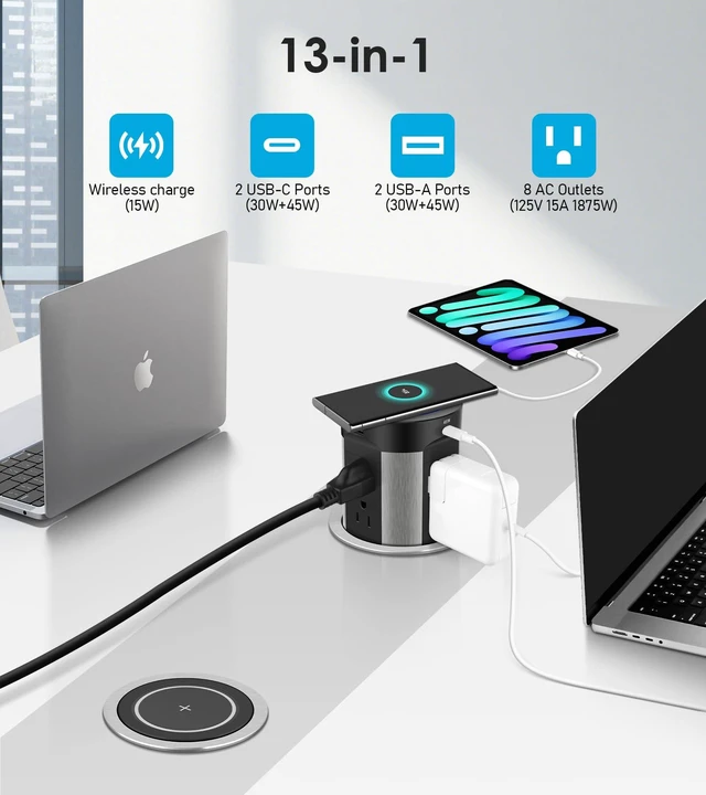 Alt view image 2 of 7 - Pop Up Outlet for Countertop, PD45W 4 USB/8 Outlets/Wireless Charger 4-inch Flush Mount Island Kitchen Pop Out,15A Tamper Resistant Electrical Outlet -Space-Saving Recessed Design,1875W