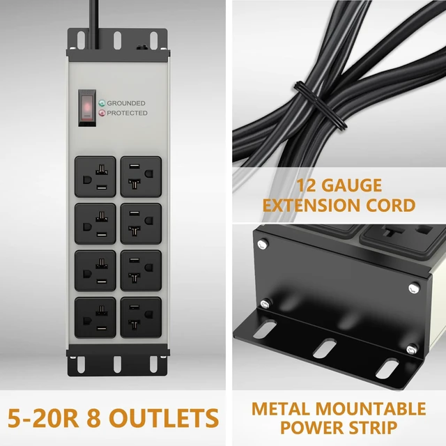 Alt view image 4 of 7 - Heavy Duty Power Strip 20 Amp, 12 Gauge Surge Protector, 10FT 2500W Extension Cord with Multiple Outlets,8 Outlets Wall Mount for Garage, Workshop, Industrial Shop,2500J